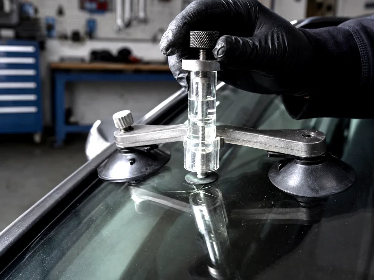 A resin injection bridge clamped by suction cups over a chip in a windshield.