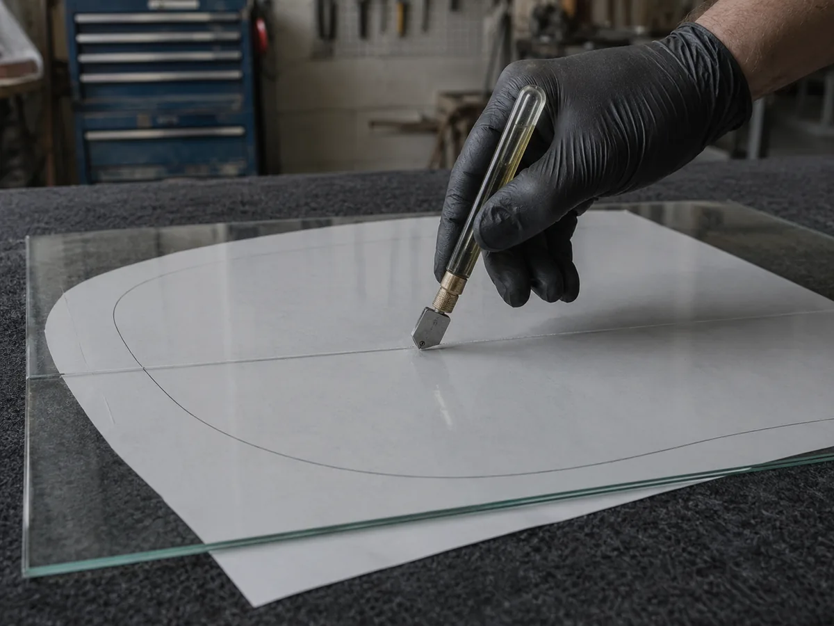 A gloved hand scoring a sheet of glass along a paper template.