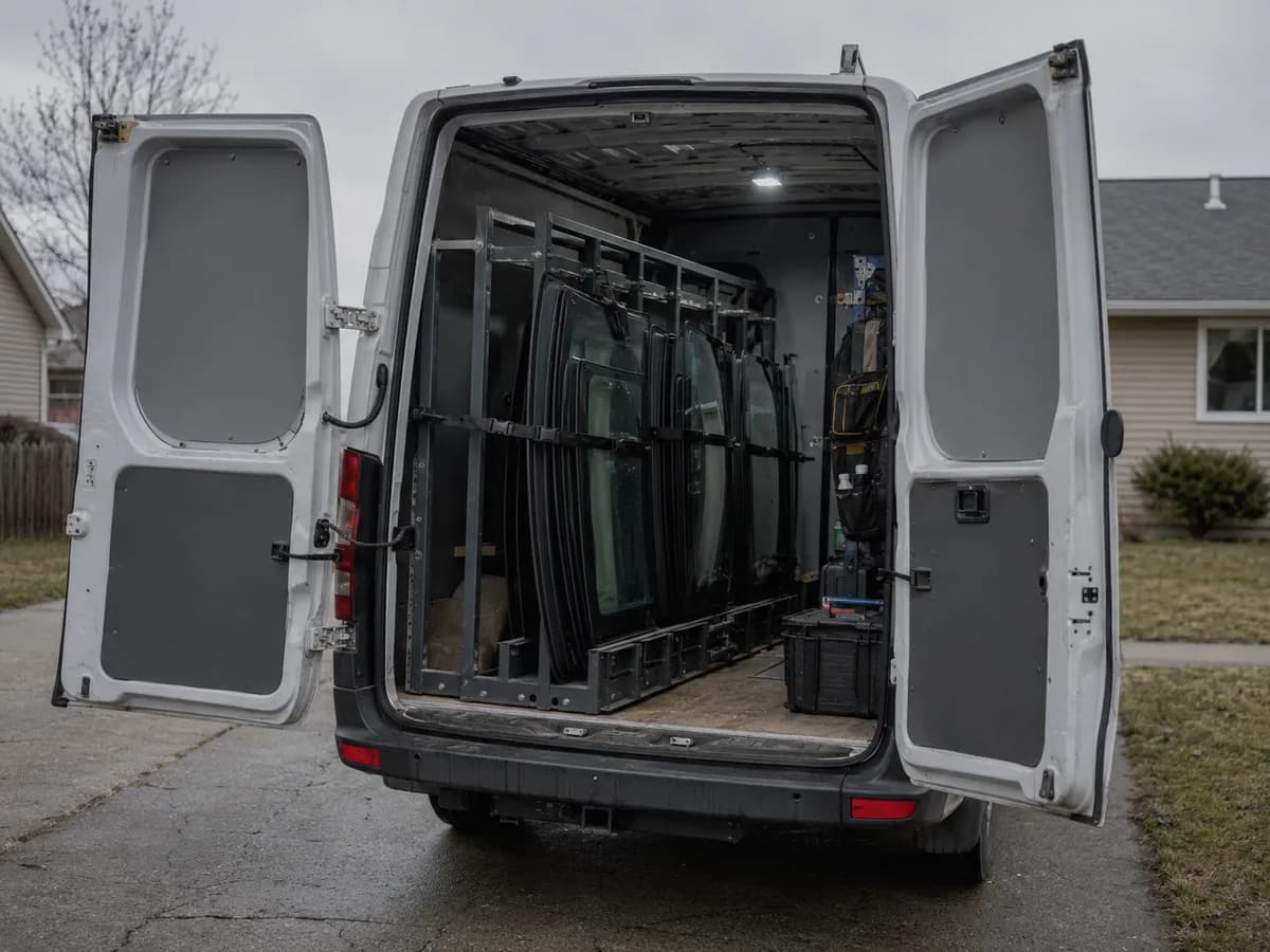 The mobile van parked in a driveway, rear doors open on racks of glass.