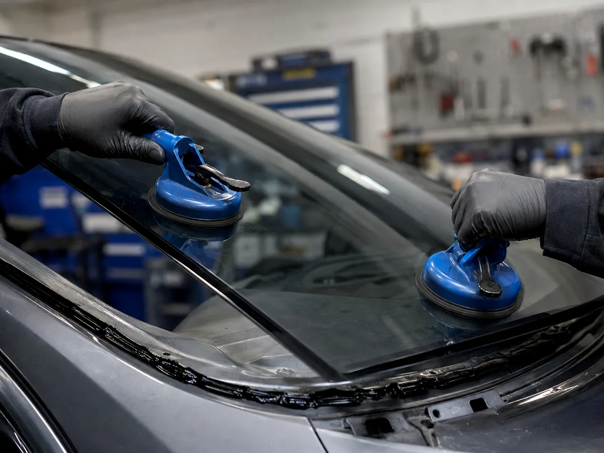 Gloved hands lowering a new windshield onto a car with two suction cups.